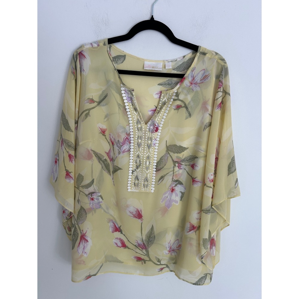Belle‎ by Kim Gravel Yellow Floral Chiffon Tunic Top Embroidered V-Neck Large